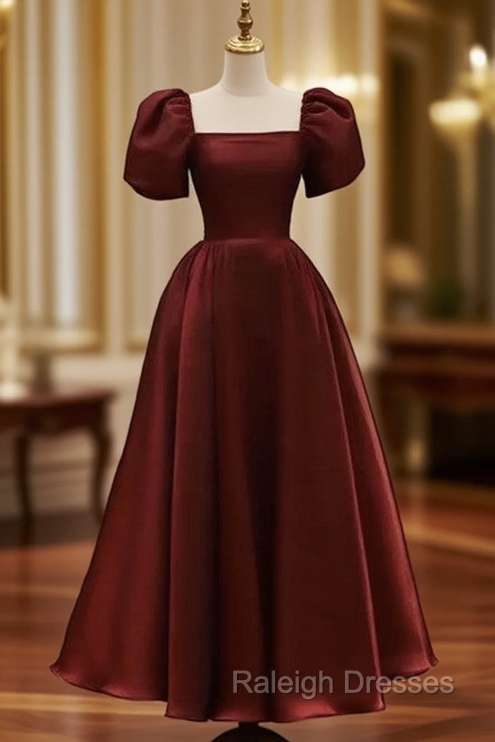 Elegant Satin A Line Ankle-length Short Sleeve Prom Dress with Ruching