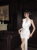 Elegant Satin Backless Halter Neck White Slim Fit Birthday Short Skirt Homecoming Dress