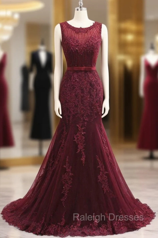 Elegant Scoop Sleeveless Tulle Mermaid Appliques Sequins Zipper Prom Dresses Main image