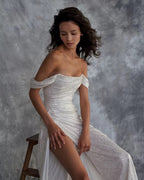 Elegant Sheath Off The Shoulder Sequin Slit Prom Dresses Birthday Outfits With Ruffles