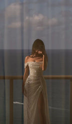 Elegant Sheath Off The Shoulder Sequin Slit Prom Dresses Birthday Outfits With Ruffles