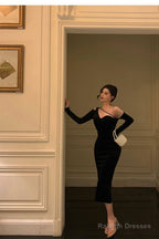 Elegant Sheath One Shoulder Black Prom Dresses Birthday Outfits Evening Gown