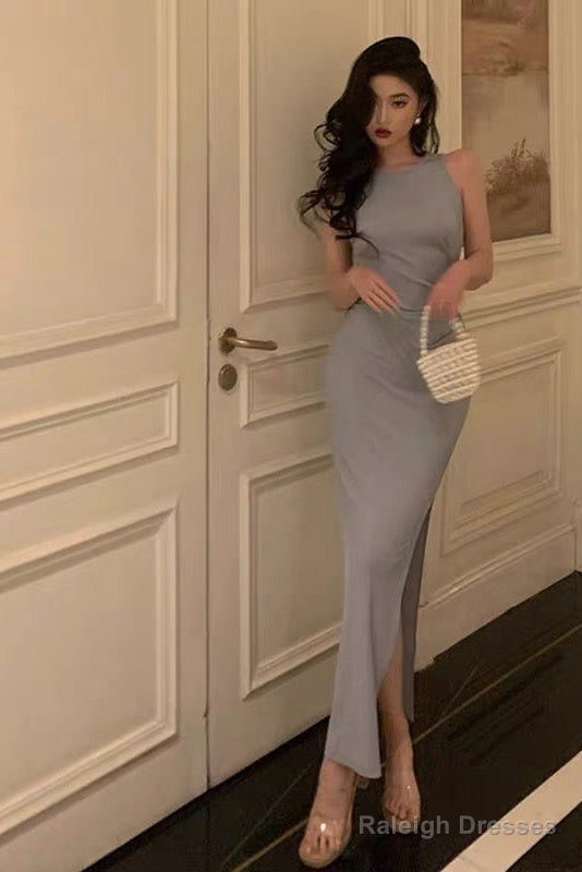 Elegant Sheath Scoop Neckline Dusty Blue Slit Prom Dresses Birthday Outfits Evening Gown