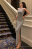 Elegant Sheath Scoop Neckline Dusty Blue Slit Prom Dresses Birthday Outfits Evening Gown