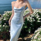 Elegant Sheath Spaghetti Strap Satin Long Prom Dress