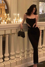 Elegant Sheath Spaghetti Straps Black Prom Dresses Birthday Outfits Evening Gown