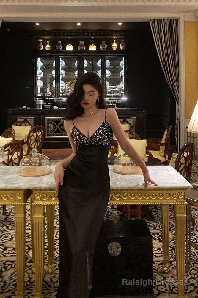 Elegant Sheath Spaghetti Straps Black Satin Prom Dresses Birthday Outfits Evening Gown