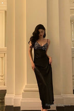 Elegant Sheath Spaghetti Straps Black Satin Prom Dresses Birthday Outfits Evening Gown
