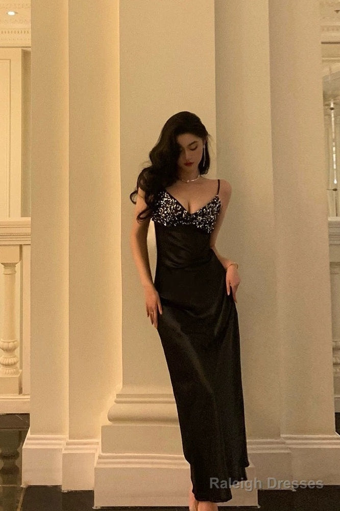 Elegant Sheath Spaghetti Straps Black Satin Prom Dresses Birthday Outfits Evening Gown