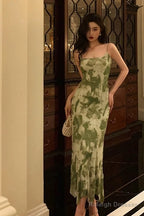 Elegant Sheath Spaghetti Straps Floral Green Prom Dresses Birthday Outfits Evening Gown