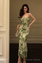 Elegant Sheath Spaghetti Straps Floral Green Prom Dresses Birthday Outfits Evening Gown