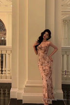 Elegant Sheath Spaghetti Straps Floral Pink Prom Dresses Birthday Outfits Evening Gown