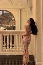 Elegant Sheath Spaghetti Straps Floral Pink Prom Dresses Birthday Outfits Evening Gown