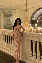 Elegant Sheath Spaghetti Straps Floral Pink Prom Dresses Birthday Outfits Evening Gown