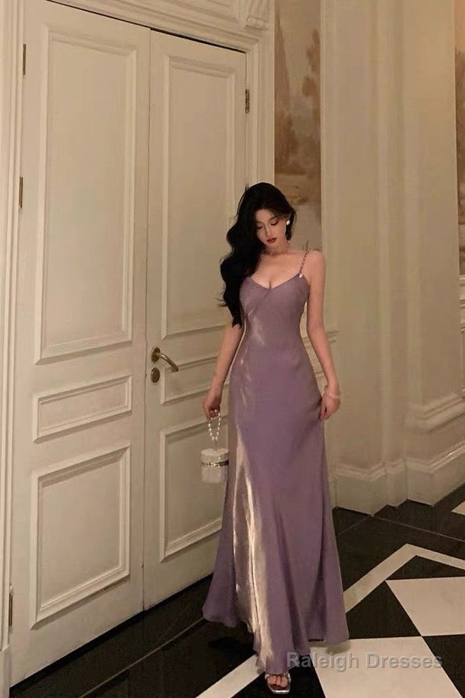 Elegant Sheath Spaghetti Straps Lilac Long Satin Prom Dresses Birthday Outfits Evening Gown Secondary image