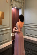 Elegant Sheath Spaghetti Straps Lilac Long Satin Prom Dresses Birthday Outfits Evening Gown