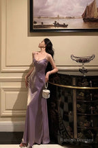 Elegant Sheath Spaghetti Straps Lilac Long Satin Prom Dresses Birthday Outfits Evening Gown