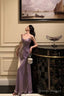 Elegant Sheath Spaghetti Straps Lilac Long Satin Prom Dresses Birthday Outfits Evening Gown