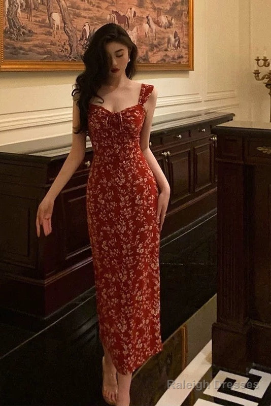 Elegant Sheath Spaghetti Straps Red Floral Prom Dresses Birthday Outfits Evening Gown Main image