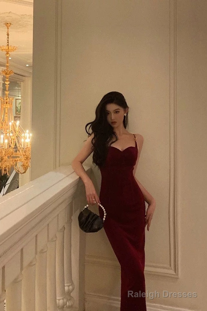 Elegant Sheath Spaghetti Straps Red Velvet Prom Dresses Birthday Outfits Evening Gown