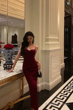 Elegant Sheath Spaghetti Straps Red Velvet Prom Dresses Birthday Outfits Evening Gown