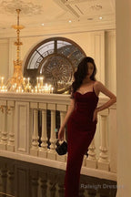 Elegant Sheath Spaghetti Straps Red Velvet Prom Dresses Birthday Outfits Evening Gown
