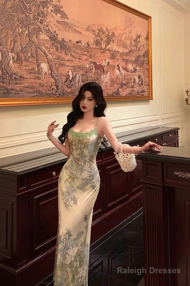 Elegant Sheath Spaghetti Straps Sage Green Floral Prom Dresses Birthday Outfits Evening Gown Secondary image