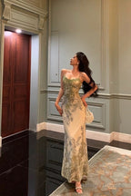 Elegant Sheath Spaghetti Straps Sage Green Floral Prom Dresses Birthday Outfits Evening Gown