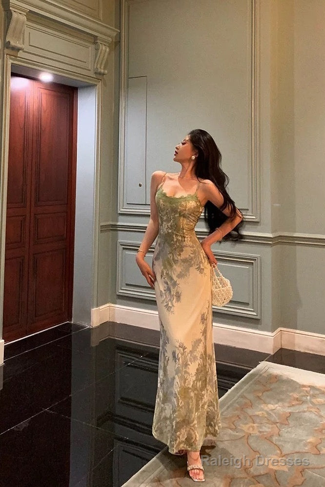 Elegant Sheath Spaghetti Straps Sage Green Floral Prom Dresses Birthday Outfits Evening Gown