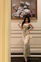 Elegant Sheath Spaghetti Straps Sage Green Floral Prom Dresses Birthday Outfits Evening Gown
