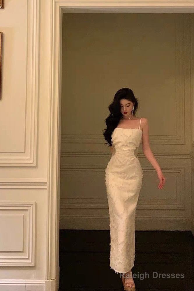 Elegant Sheath Spaghetti Straps White Prom Dresses Birthday Outfits Evening Gown