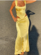 Elegant Sheath Square Neckline 2 Pieces Floor-Length Satin Long Yellow Prom Dresses Prom Dress
