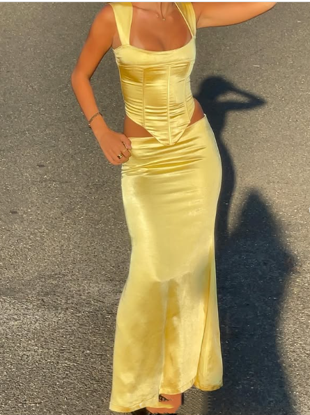 Elegant Sheath Square Neckline 2 Pieces Floor-Length Satin Long Yellow Prom Dresses Prom Dress
