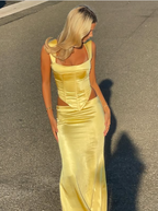 Elegant Sheath Square Neckline 2 Pieces Floor-Length Satin Long Yellow Prom Dresses Prom Dress