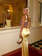 Elegant Sheath Square Neckline 2 Pieces Floor-Length Satin Long Yellow Prom Dresses Prom Dress