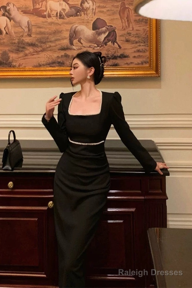 Elegant Sheath Square Neckline Black Velvet Prom Dresses Birthday Outfits Evening Gown Secondary image