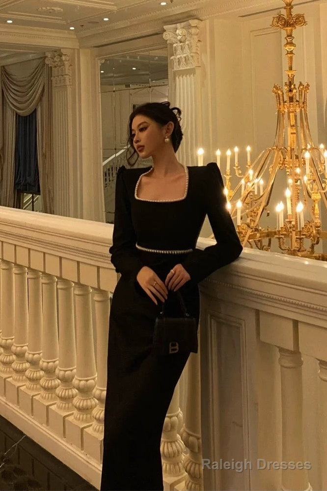 Elegant Sheath Square Neckline Black Velvet Prom Dresses Birthday Outfits Evening Gown