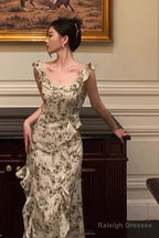 Elegant Sheath Square Neckline Floral Slit Prom Dresses Birthday Outfits Evening Gown