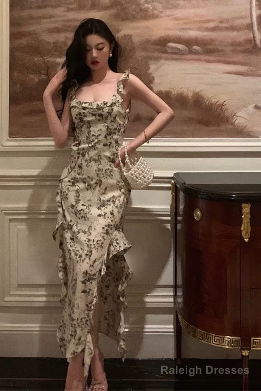 Elegant Sheath Square Neckline Floral Slit Prom Dresses Birthday Outfits Evening Gown