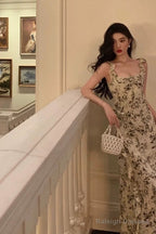 Elegant Sheath Square Neckline Floral Slit Prom Dresses Birthday Outfits Evening Gown