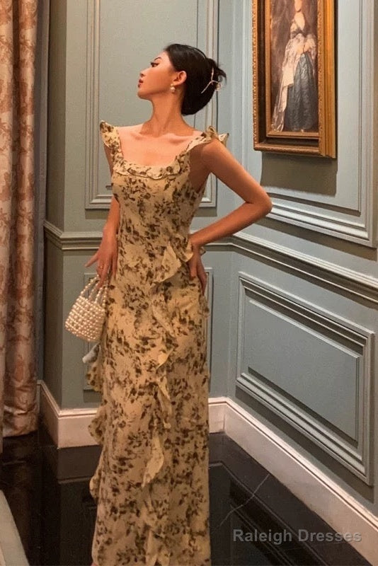 Elegant Sheath Square Neckline Floral Slit Prom Dresses Birthday Outfits Evening Gown