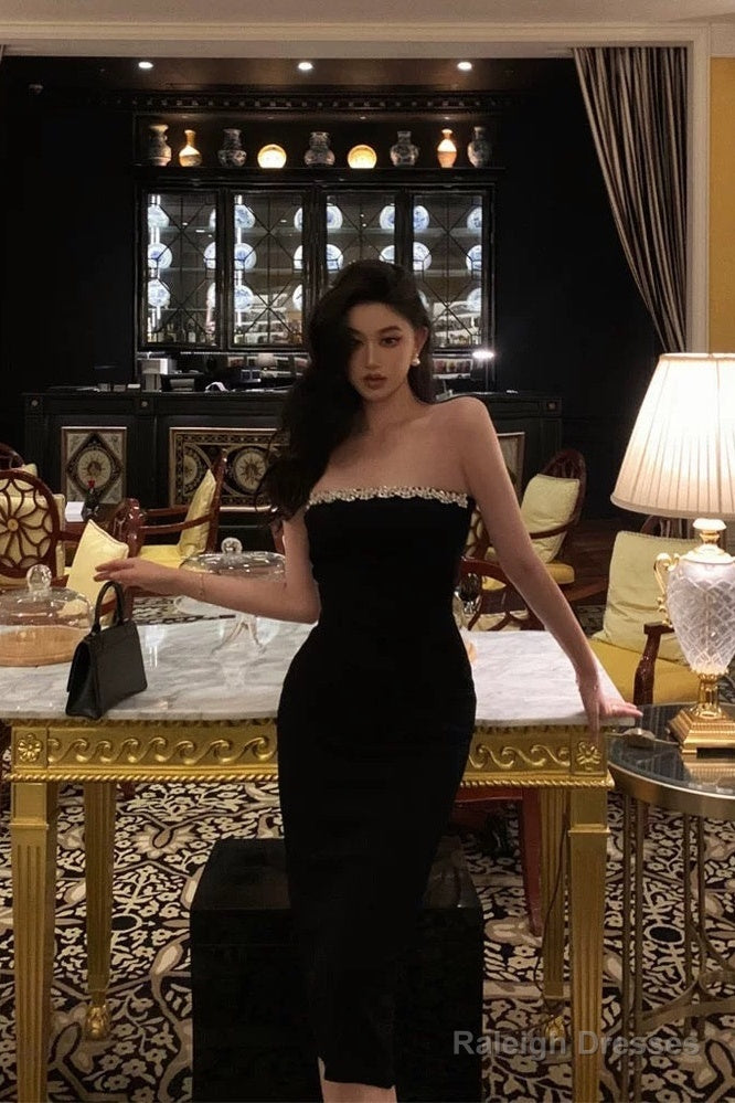 Elegant Sheath Strapless Black Prom Dresses Beads Birthday Outfits Evening Gown