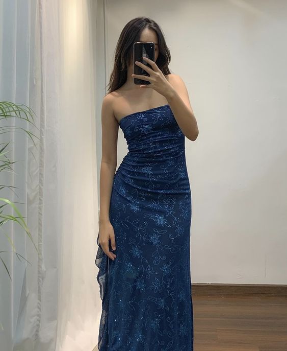 Elegant Sheath Strapless Navy Blue Long Prom Dresses Evening Gowns Main image