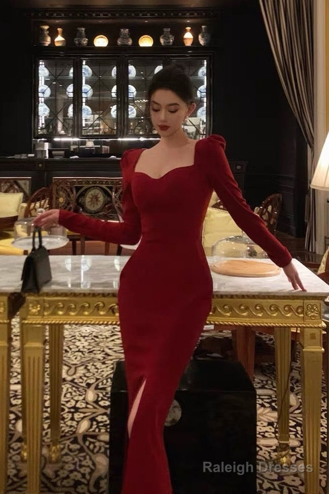 Elegant Sheath Strapless Red Slit Prom Dresses Beads Birthday Outfits Evening Gown