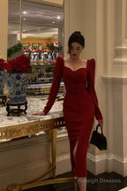 Elegant Sheath Strapless Red Slit Prom Dresses Beads Birthday Outfits Evening Gown