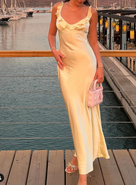 Elegant Sheath Straps Floor-Length Satin Long Yellow Prom Dresses Prom Dress