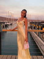 Elegant Sheath Straps Floor-Length Satin Long Yellow Prom Dresses Prom Dress