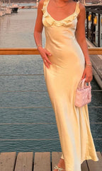 Elegant Sheath Straps Floor-Length Satin Long Yellow Prom Dresses Prom Dress
