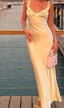 Elegant Sheath Straps Floor-Length Satin Long Yellow Prom Dresses Prom Dress