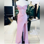 Elegant Sheath Sweetheart Sequin Pink Satin Slit Prom Dresses Evening Dress